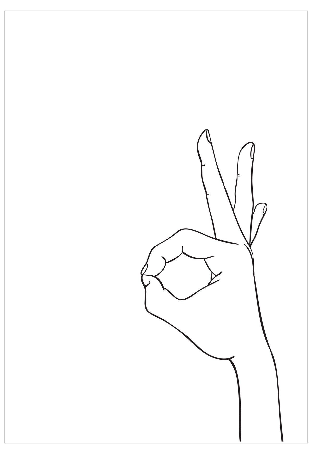 Line drawing of a hand making a peace sign on a white background