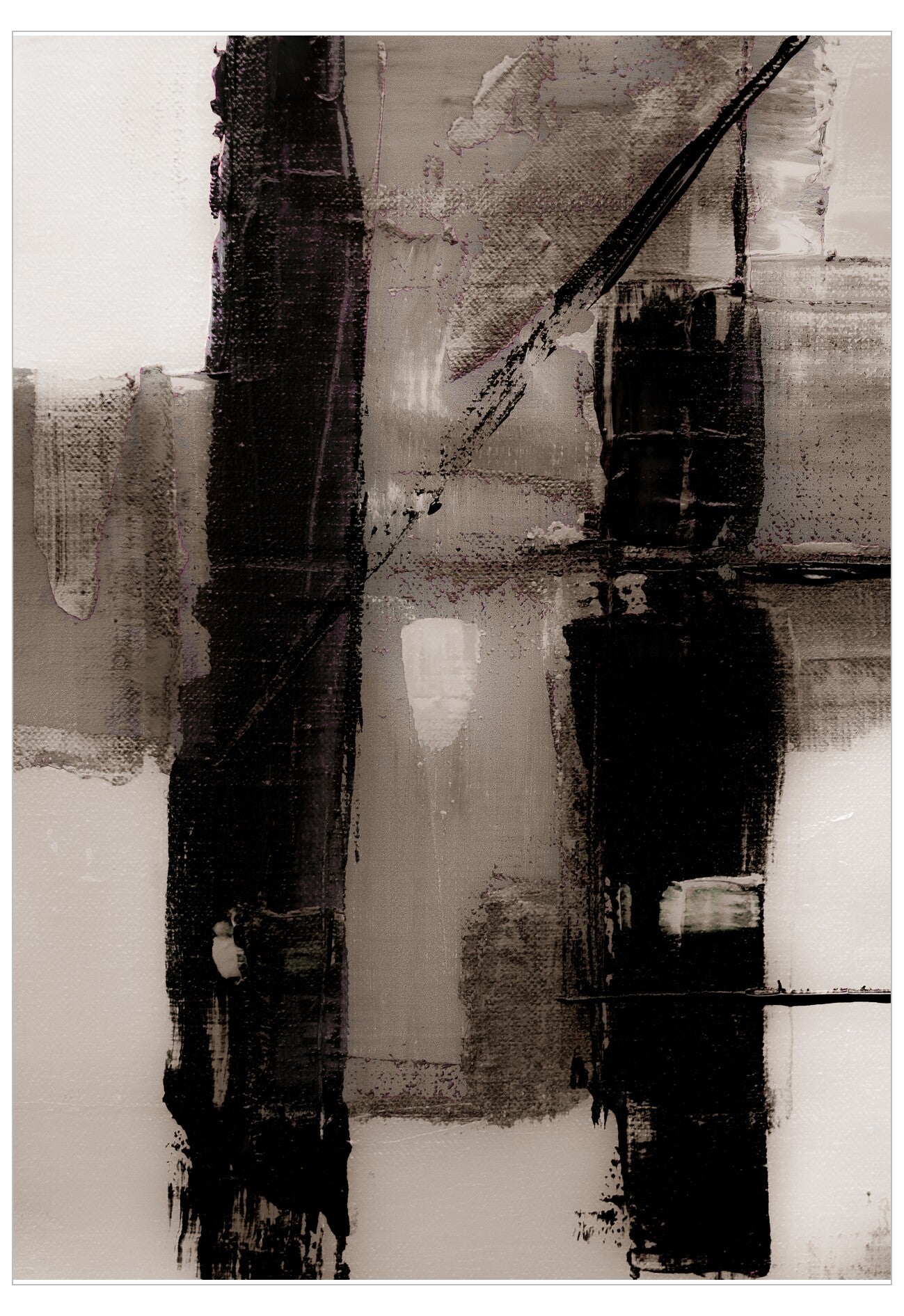 Abstract black and white painting with textured brush strokes