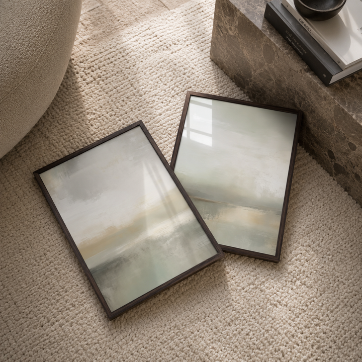 Two olive green framed artworks on a textured surface