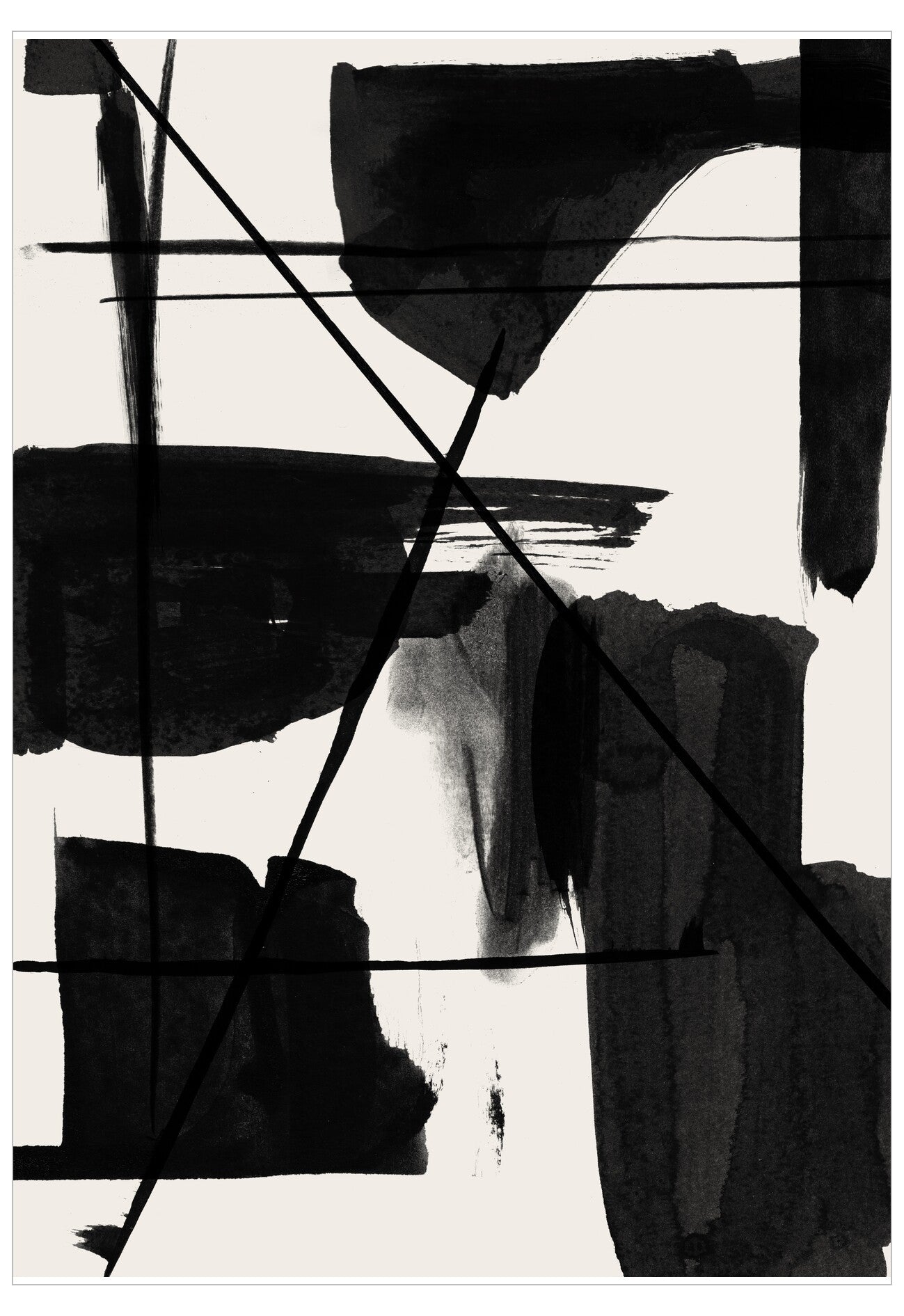 Abstract black and white artwork with dynamic lines and shapes on a light background