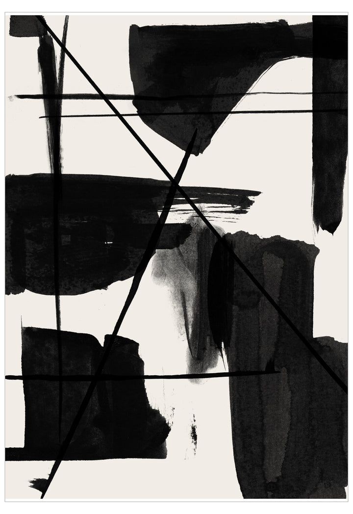 Abstract black and white artwork with dynamic lines and shapes on a light background