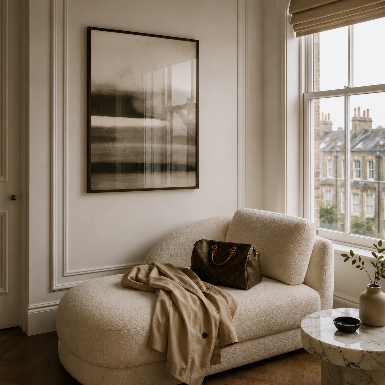Cozy  bedroom with a beige sofa, abstract art, and a window view.