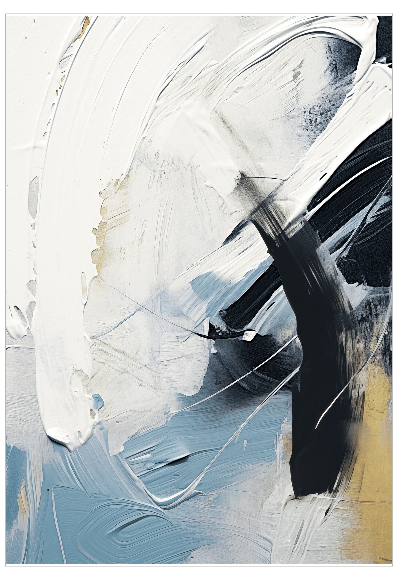 Abstract art with black, white, and blue brush strokes on a light background