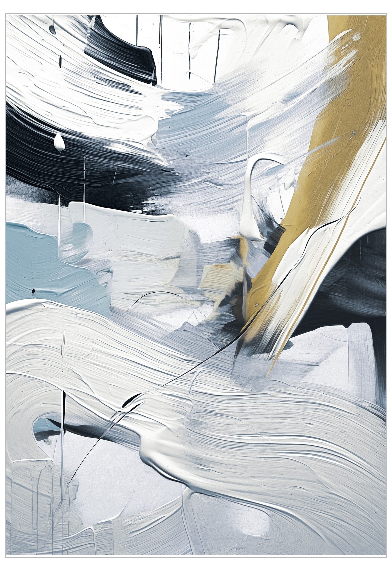 Abstract art with dynamic brush strokes in black, white, and gold.