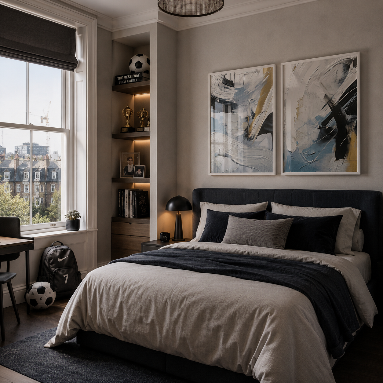 Modern bedroom with abstract art on the wall and a large window.