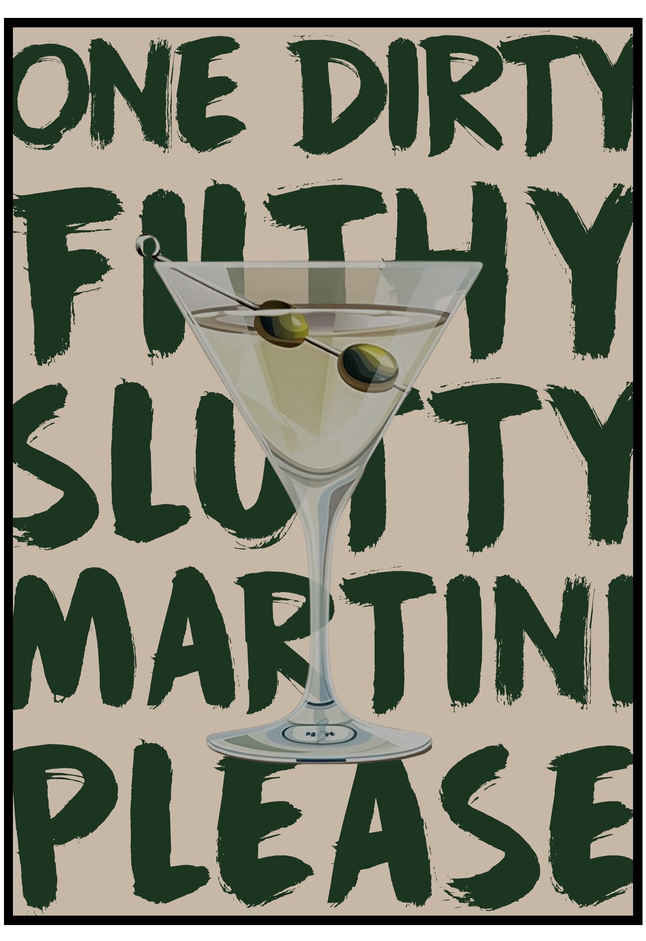 Cartoon martini glass with olives on a beige background with text.