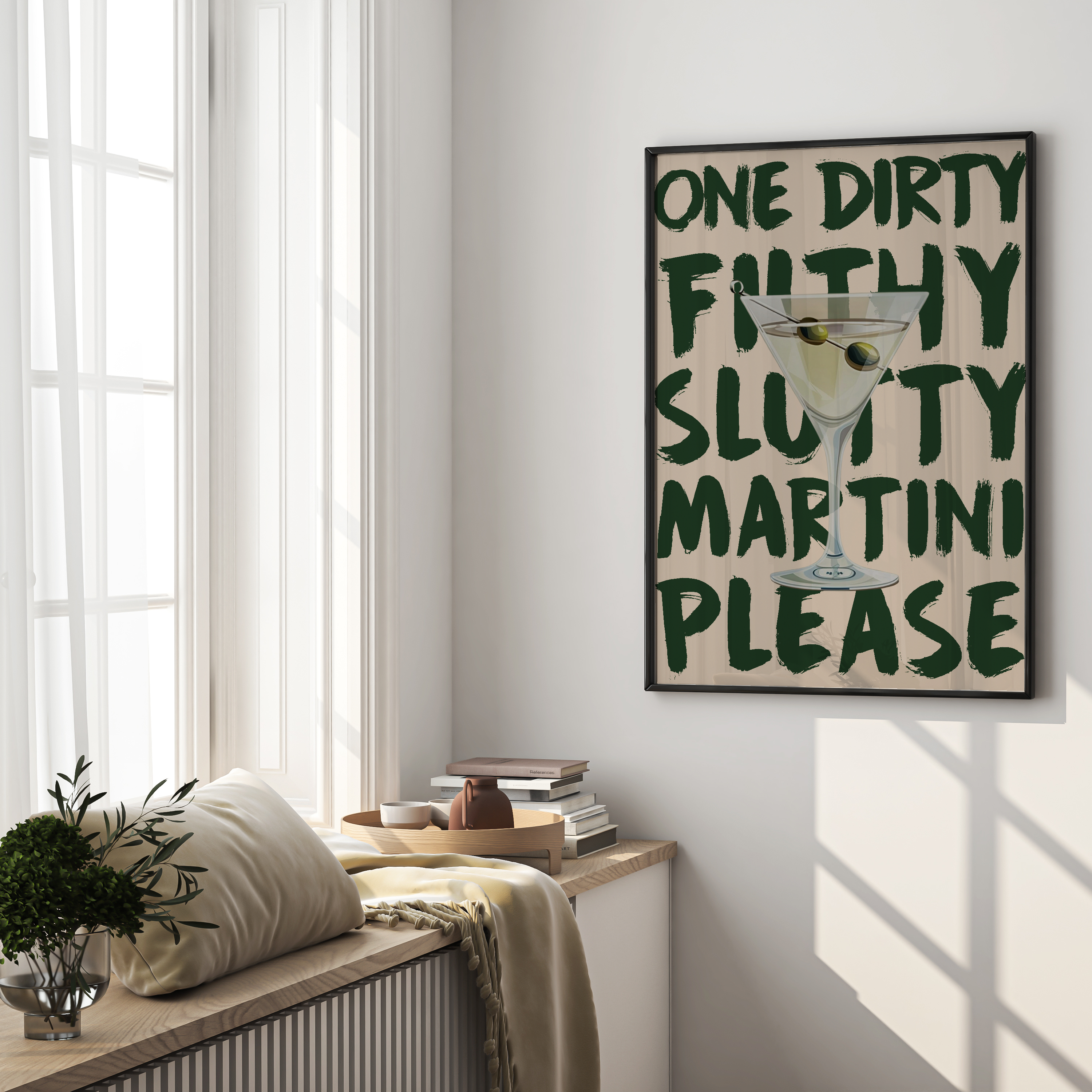 Poster with humorous cocktail text in a modern living room.