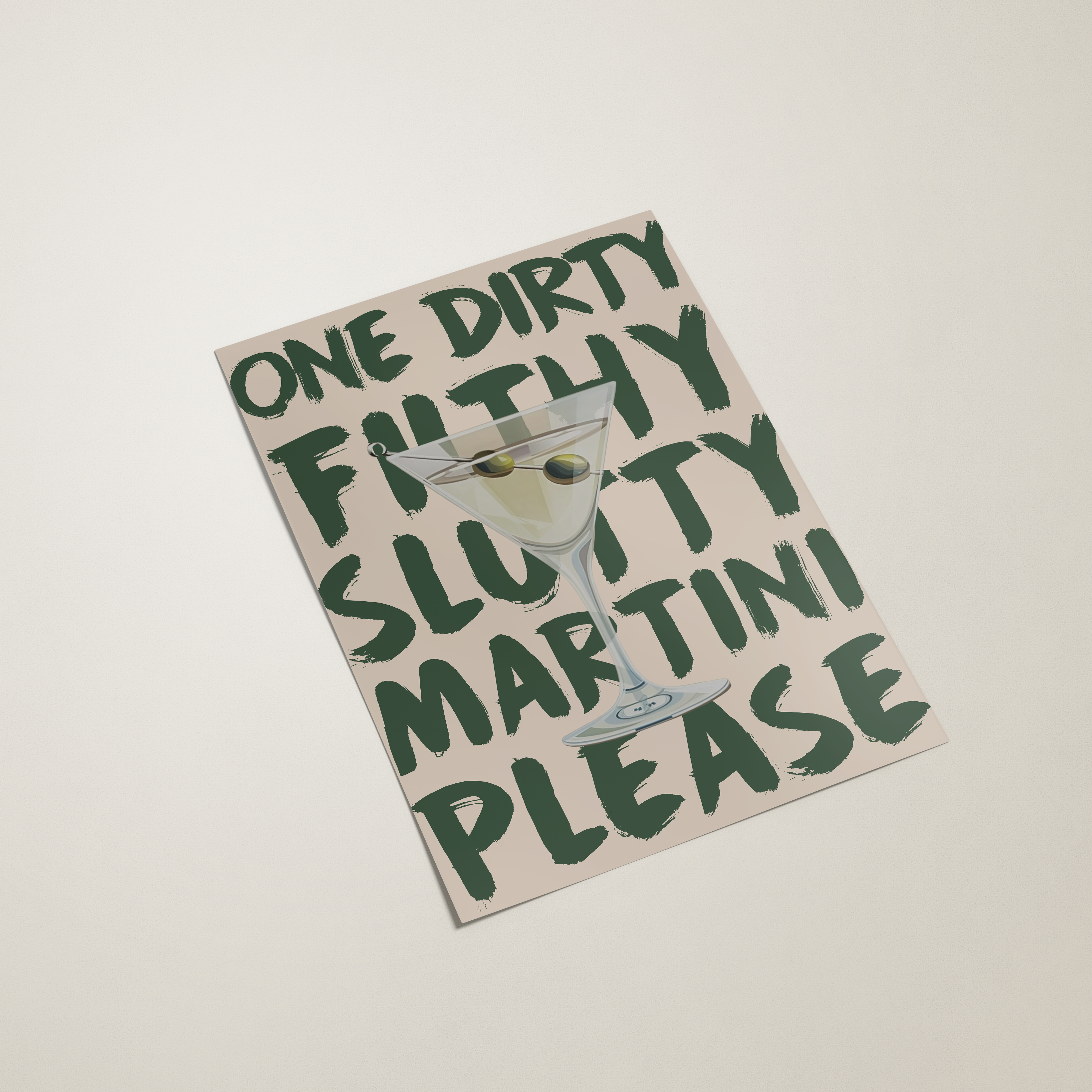 Coaster with text 'One Dirty Filthy Slutty Martini Please' on a light background