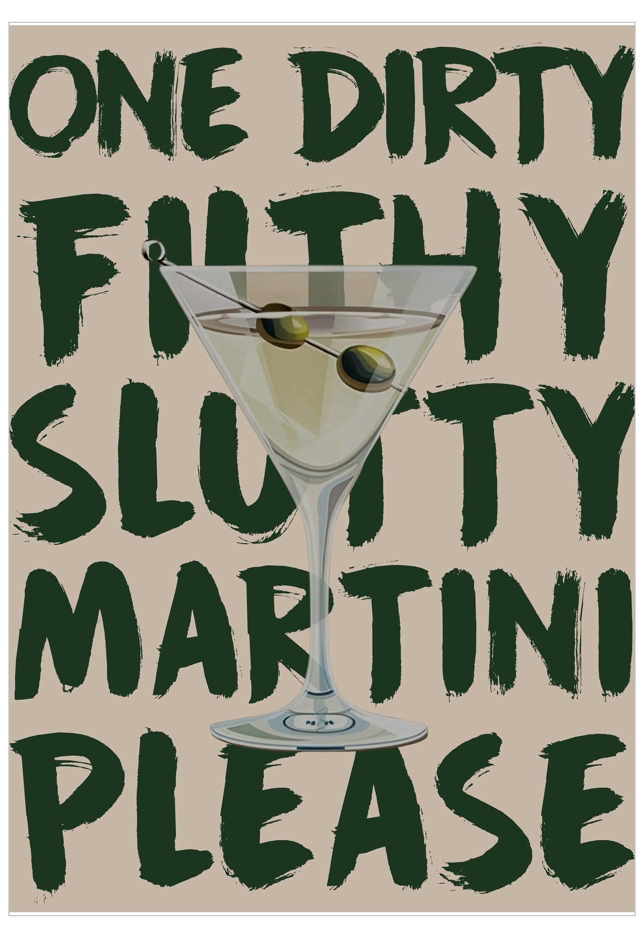 Cartoon martini glass with olives surrounded by text on a beige background