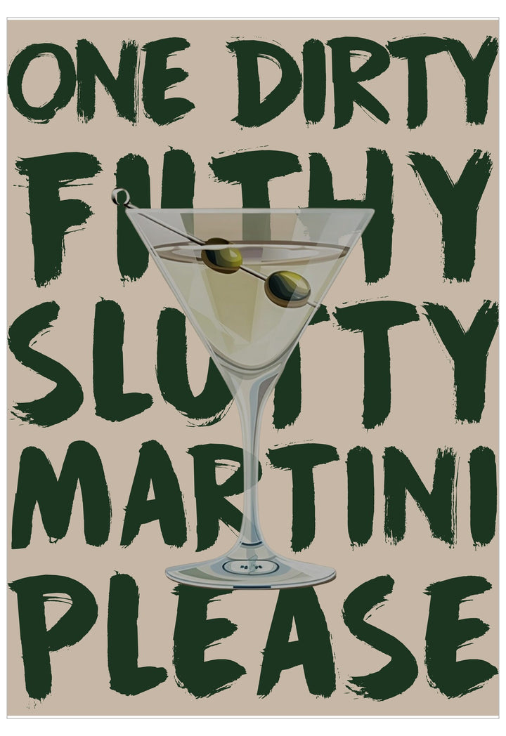 Cartoon martini glass with olives surrounded by text on a beige background