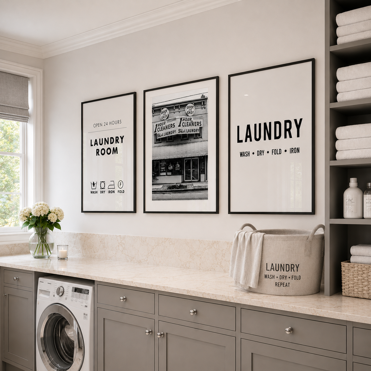 Modern laundry room with washing machine, shelves, and framed posters.