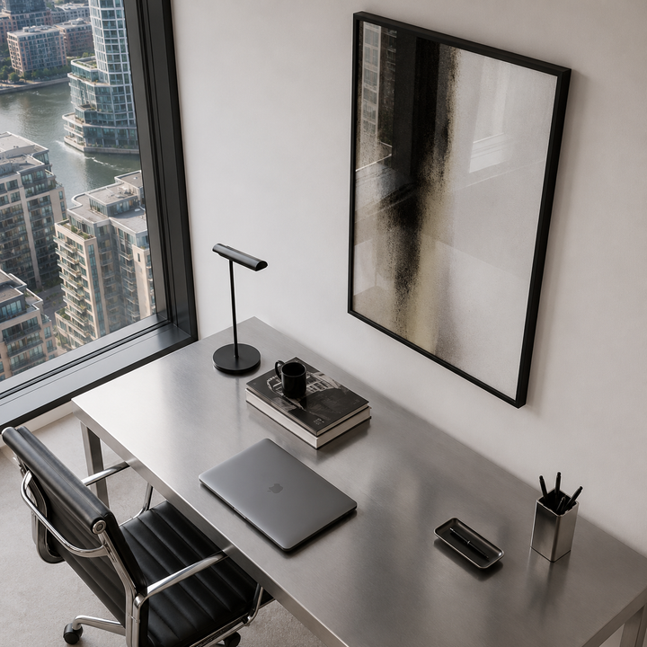 Modern office desk with laptop, lamp, and books in a room with cityscape view
