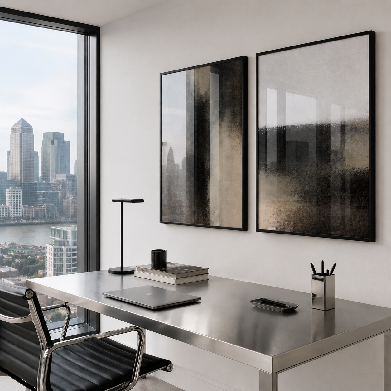 Modern office desk with abstract art and cityscape view