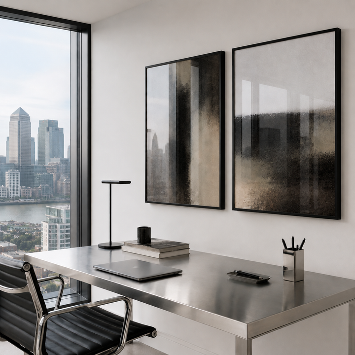 Modern office desk with abstract art and cityscape view