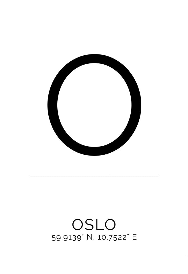 Black letter 'O' with 'OSLO' and coordinates on a white background