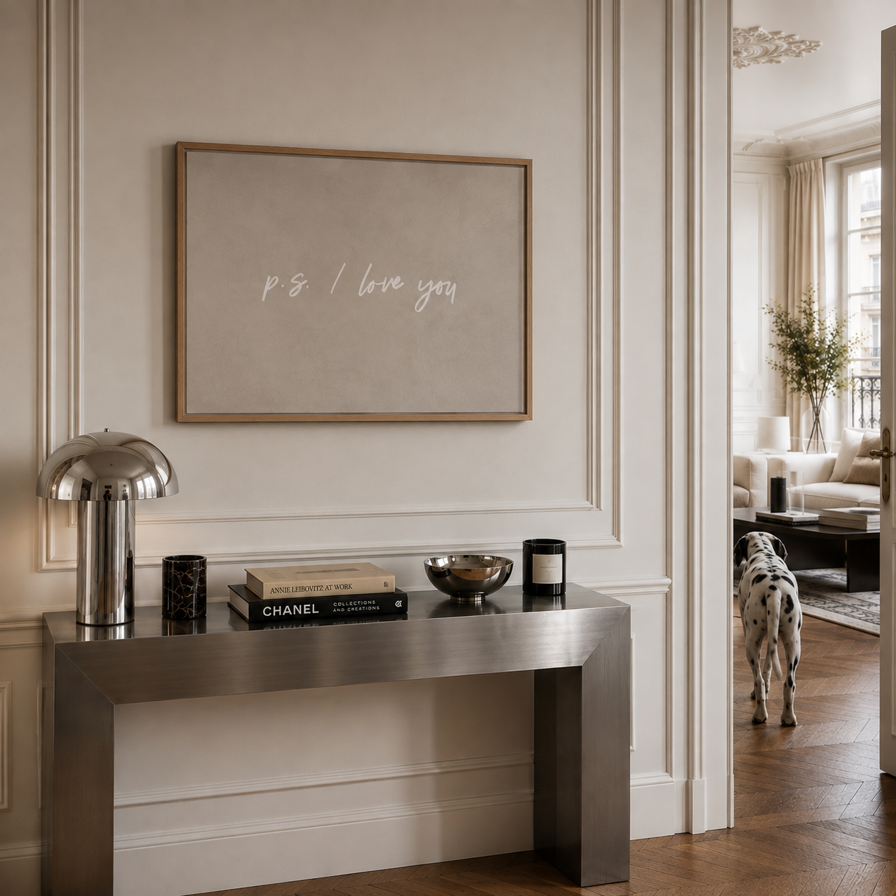 Luxury canvas in a stylish Parisian apartment hallway.