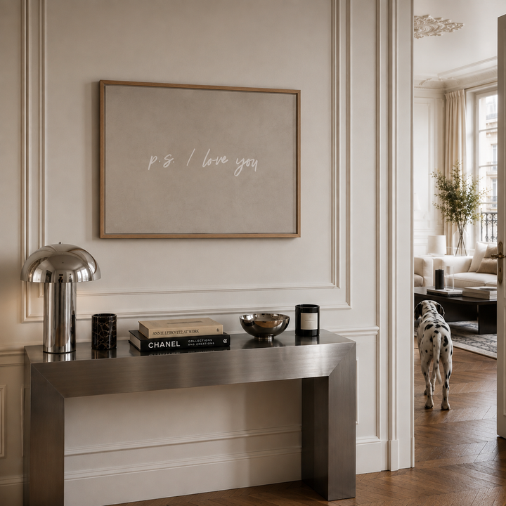 Luxury canvas in a stylish Parisian apartment hallway.