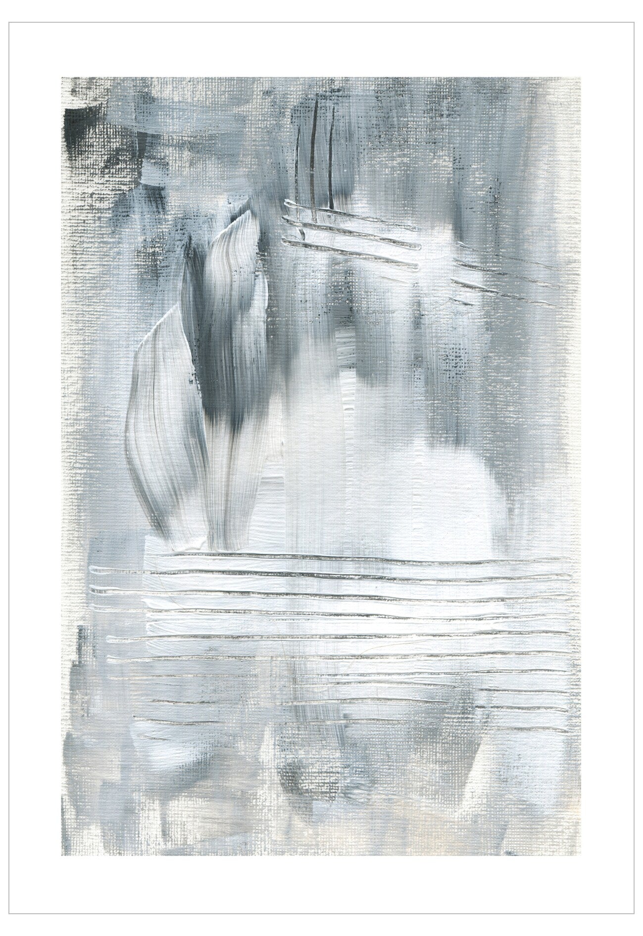 Abstract art piece with gray and white brush strokes on a white background