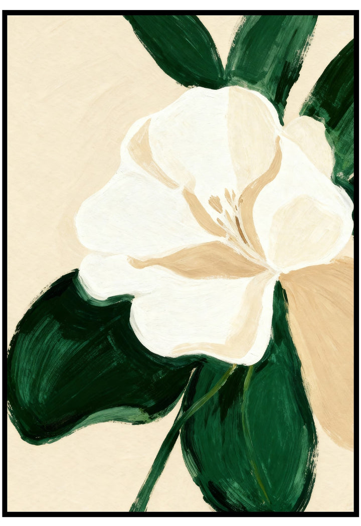 White flower with green leaves on a beige background