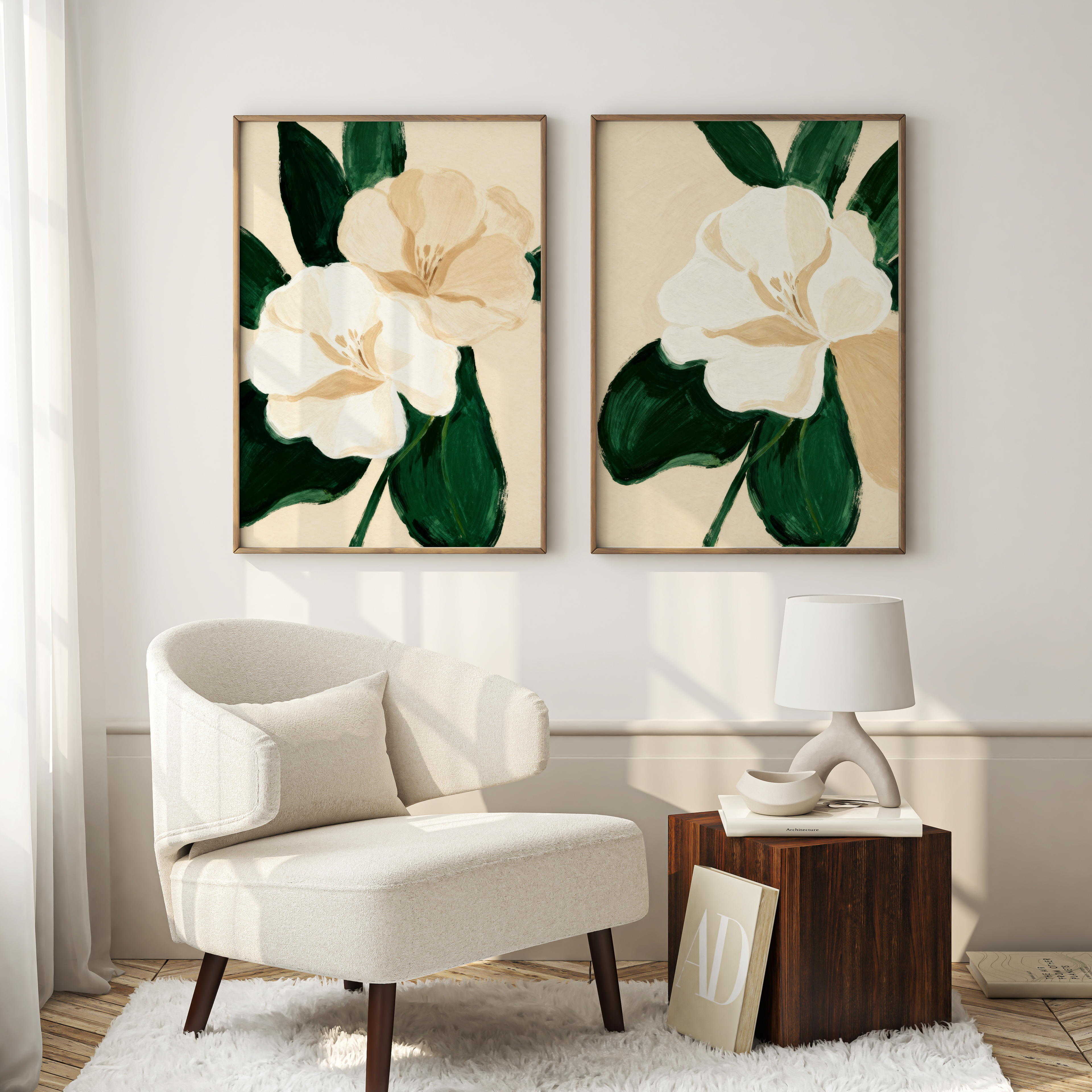 Floral artwork on a wall above a chair in a living room setting