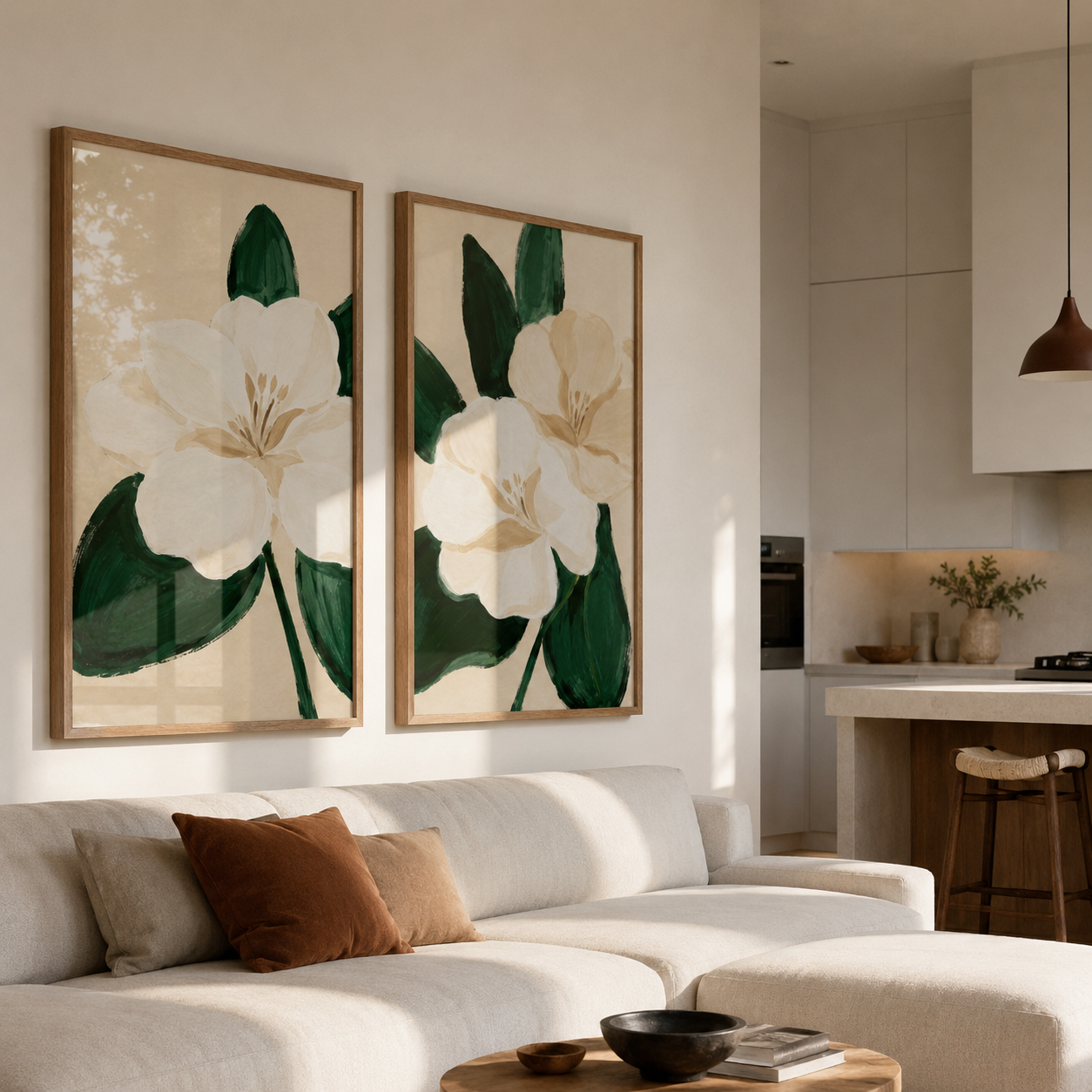 Two floral paintings on a wall above a sofa in a living room.