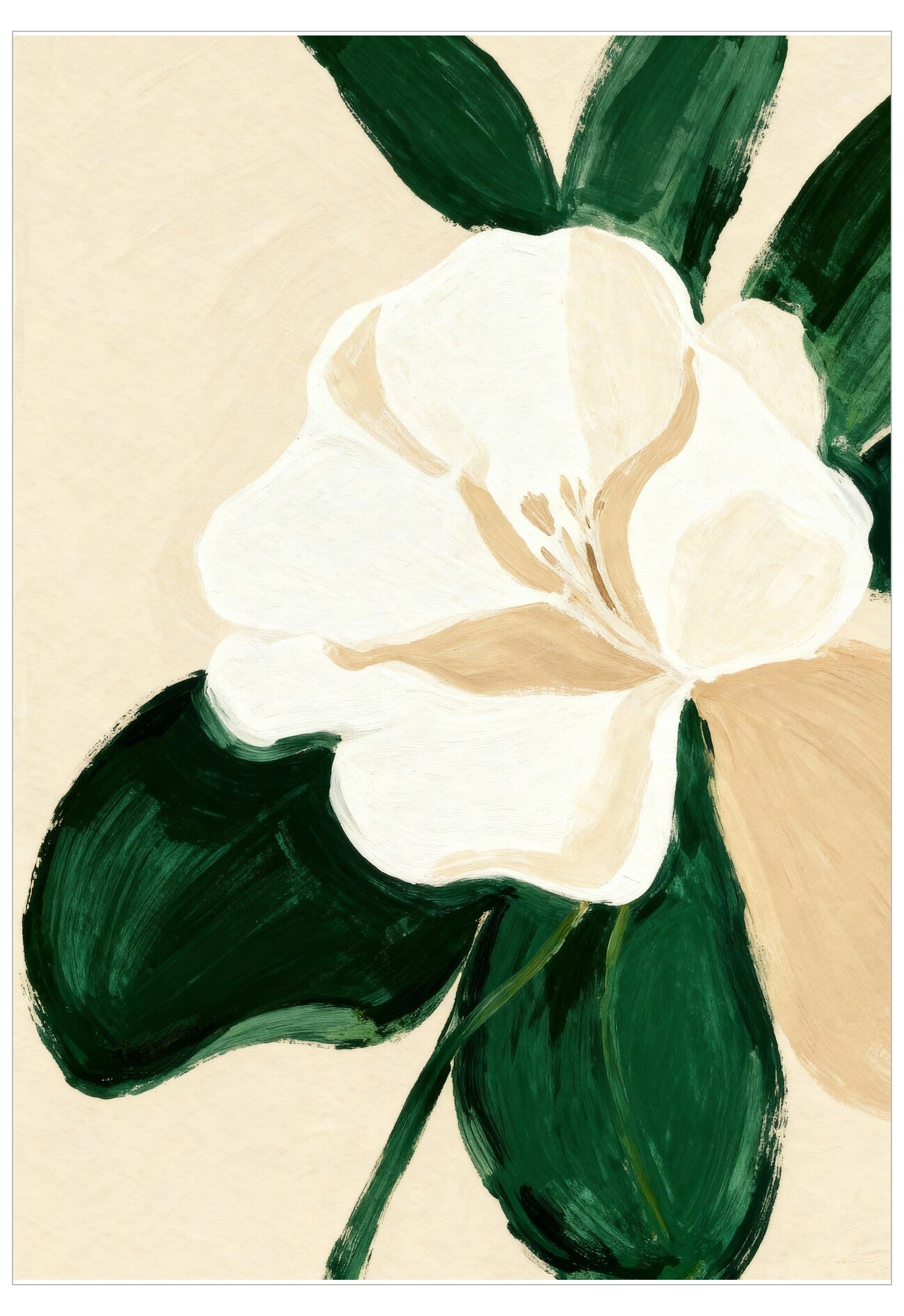 White flower with green leaves on a beige background