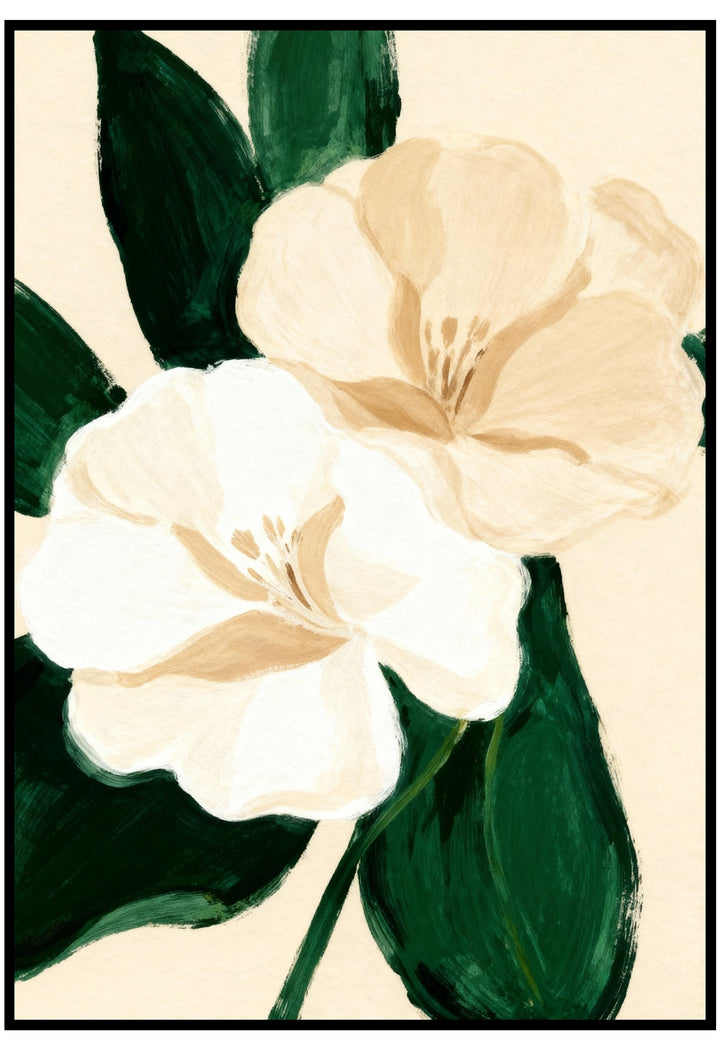 Artistic illustration of white and beige flowers with green leaves on a beige background