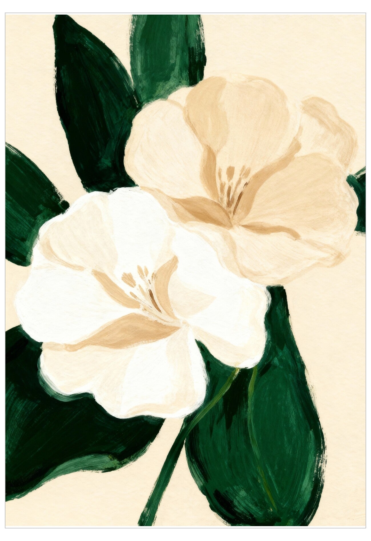 Illustration of two flowers with green leaves on a beige background