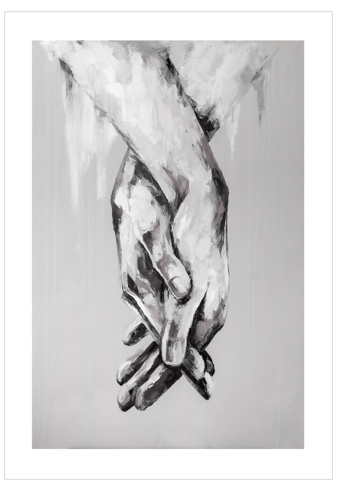 Artistic depiction of two hands holding each other on a gray background