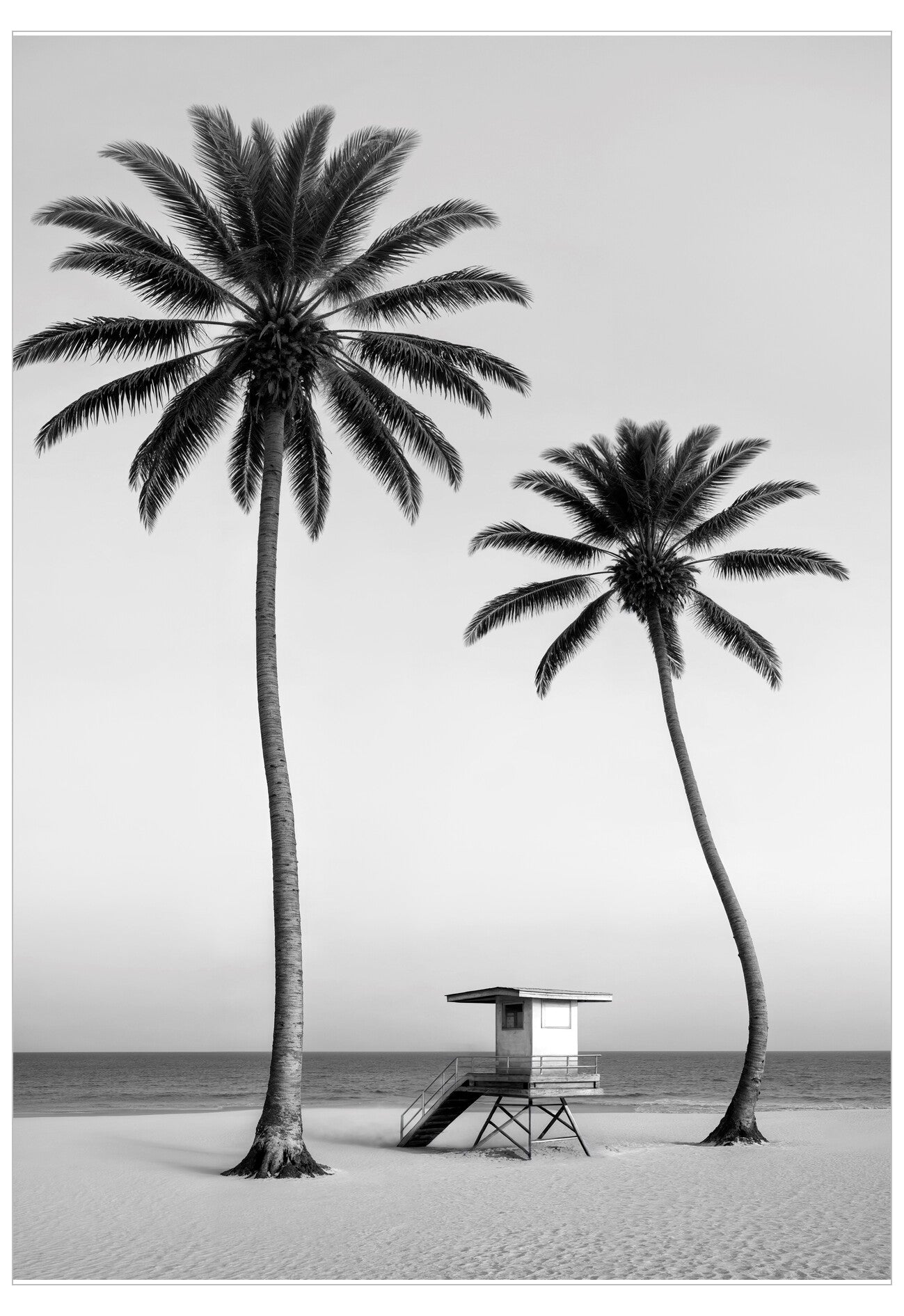 Two palm trees on a beach with a lifeguard stand in the foreground.