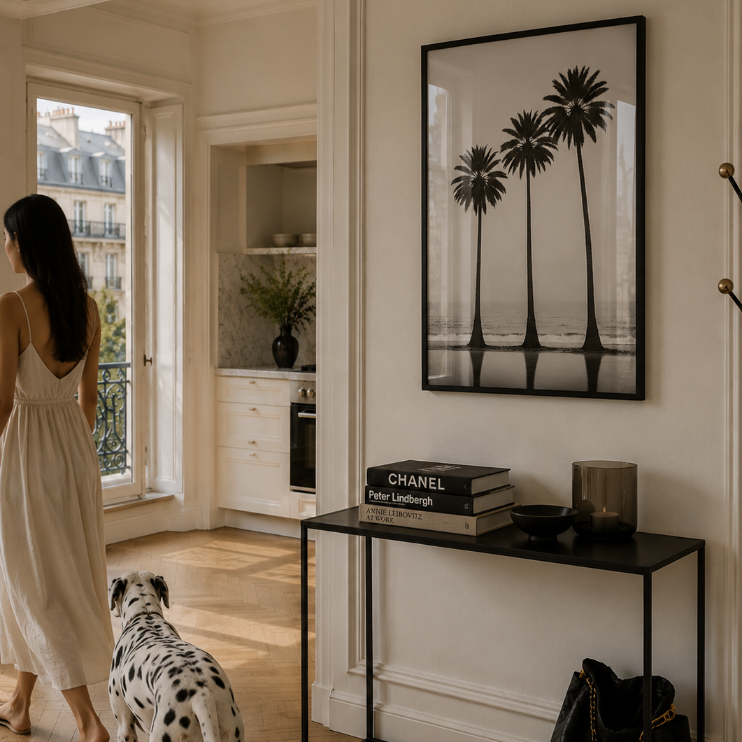Woman with a dog in a stylish living room with palm tree artwork and Chanel decor.