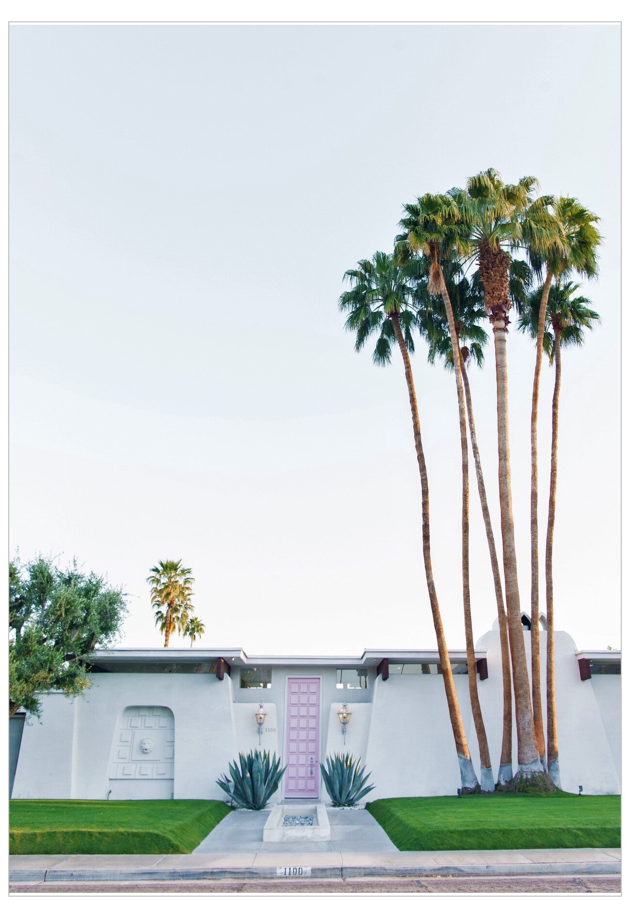 White house with a pink door and palm trees on a clear day