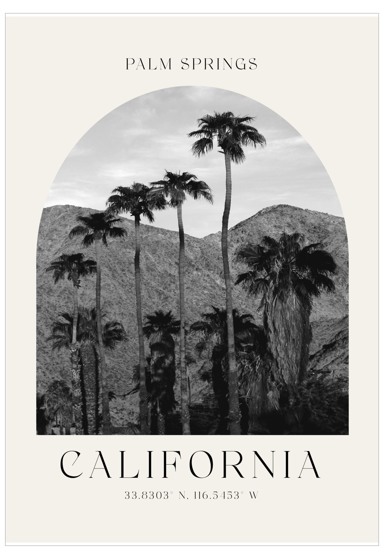 Poster with palm trees and mountains in a black and white design, featuring the text 'Palm Springs California'.