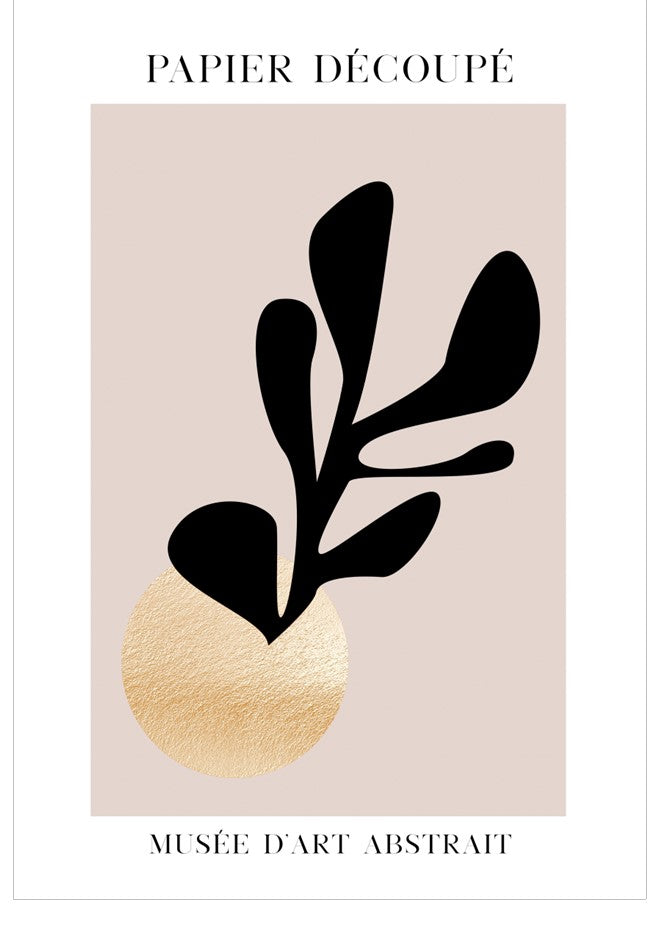 Abstract art piece with black leaf-like shapes and a gold circle on a beige background, featuring the text 'Papier Découpé' and 'Musée d'Art Abstrait'.