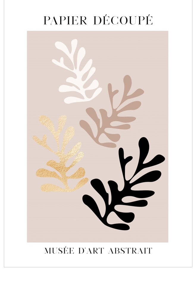 Abstract leaf designs in gold, black, and white on a beige background with 'Papier Découpé' and 'Musèe d'Art Abstrait' text.