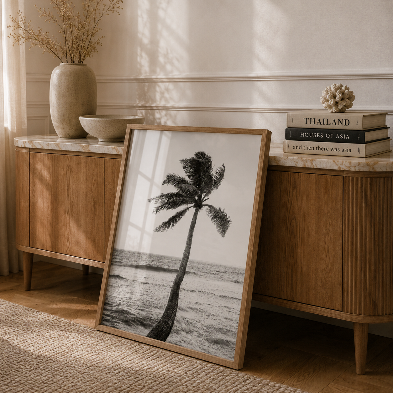Black and white palm tree wall art in stylish neutral home