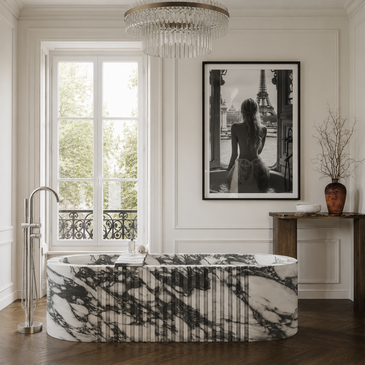 Luxury bathroom with stylish black and white art