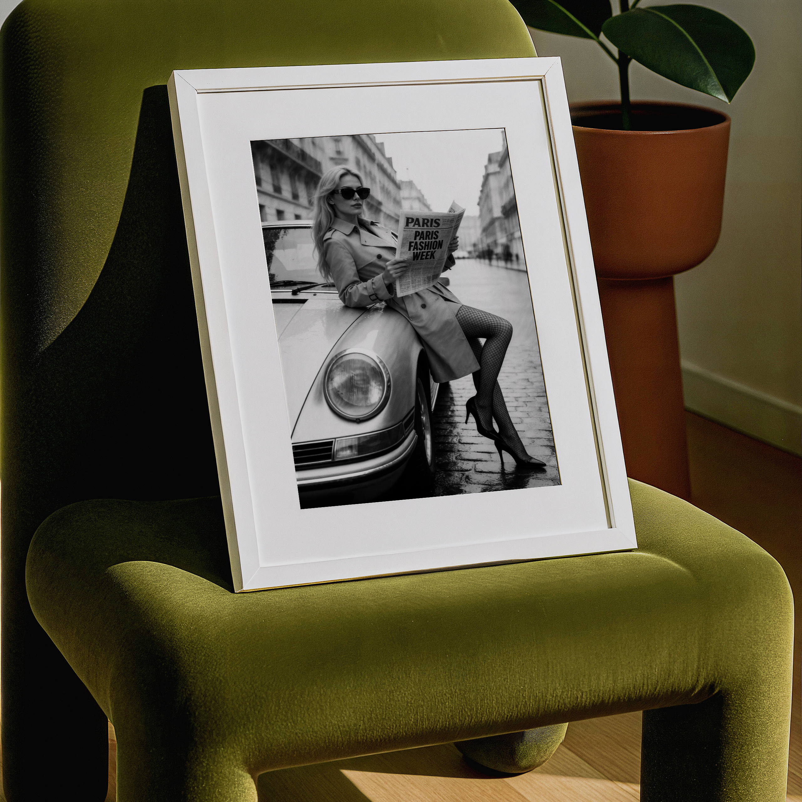 Framed black and white photo of a woman on a car in a room with a green chair and plant.