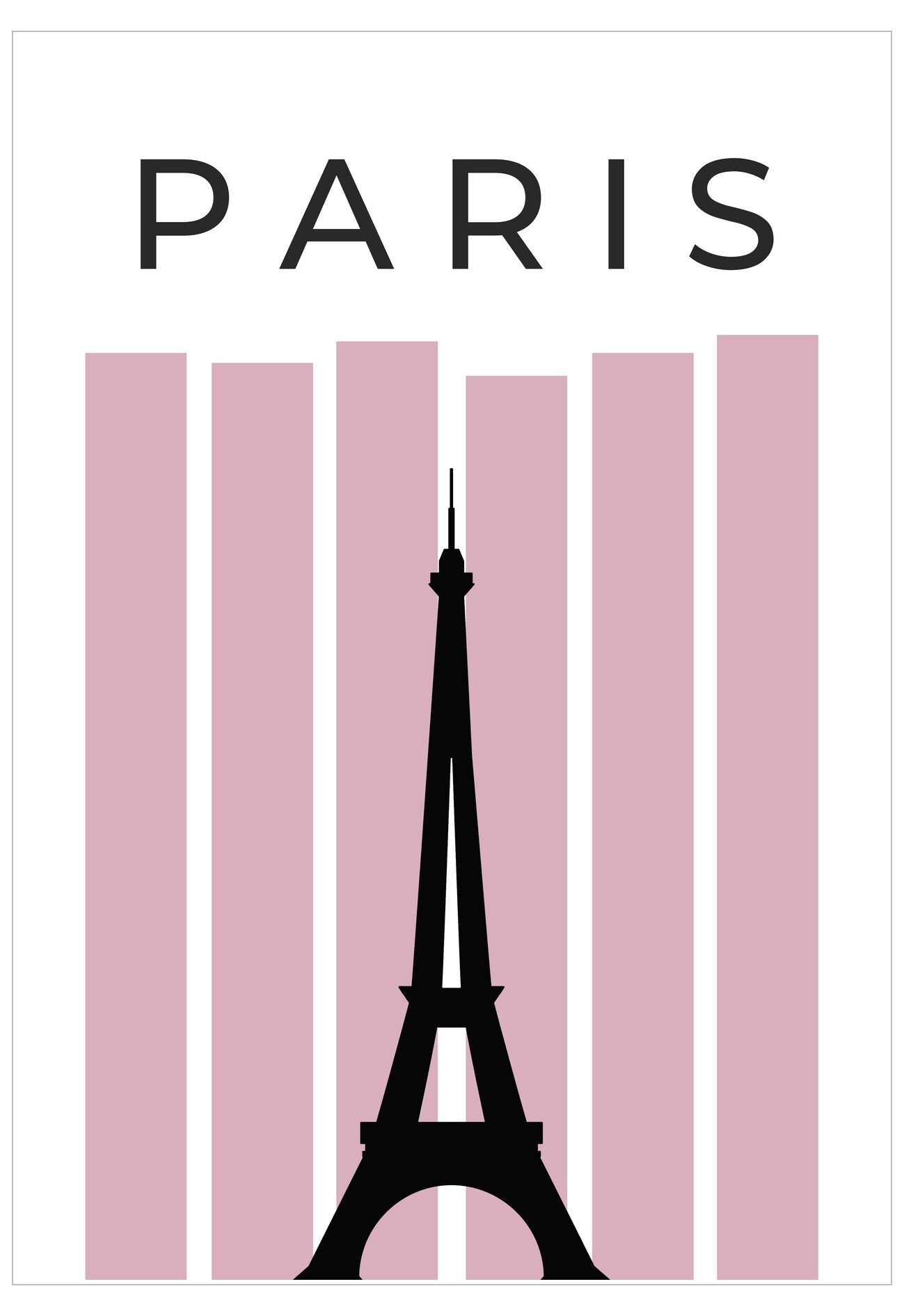 Poster with Eiffel Tower silhouette and 'PARIS' text on a pink striped background