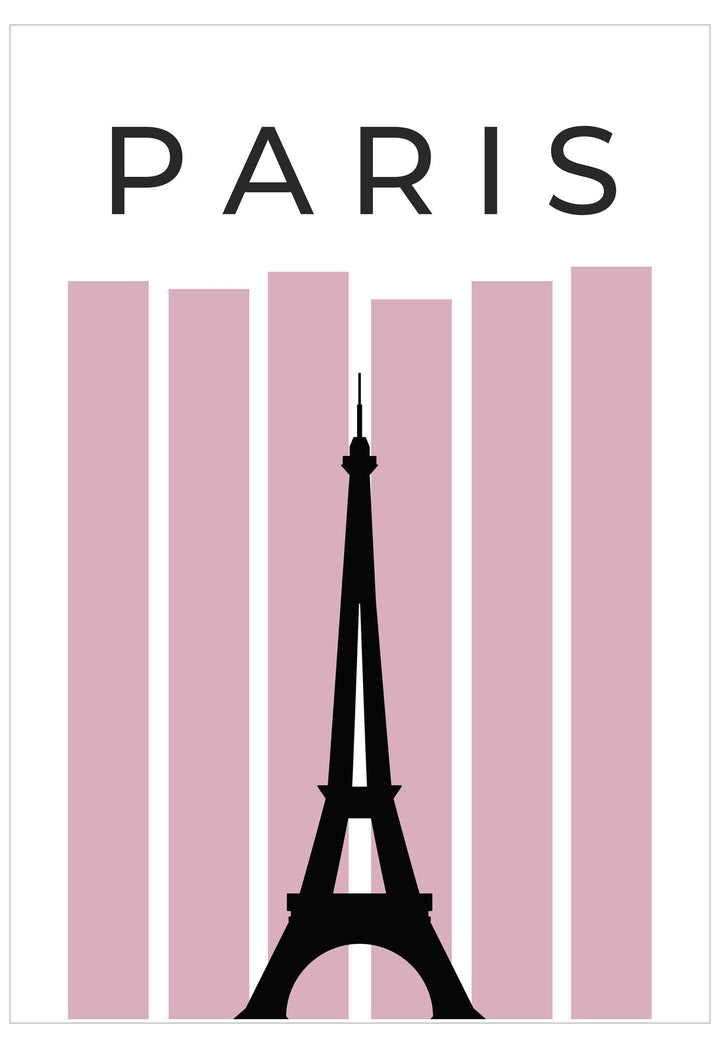 Poster with Eiffel Tower silhouette and 'PARIS' text on a pink striped background