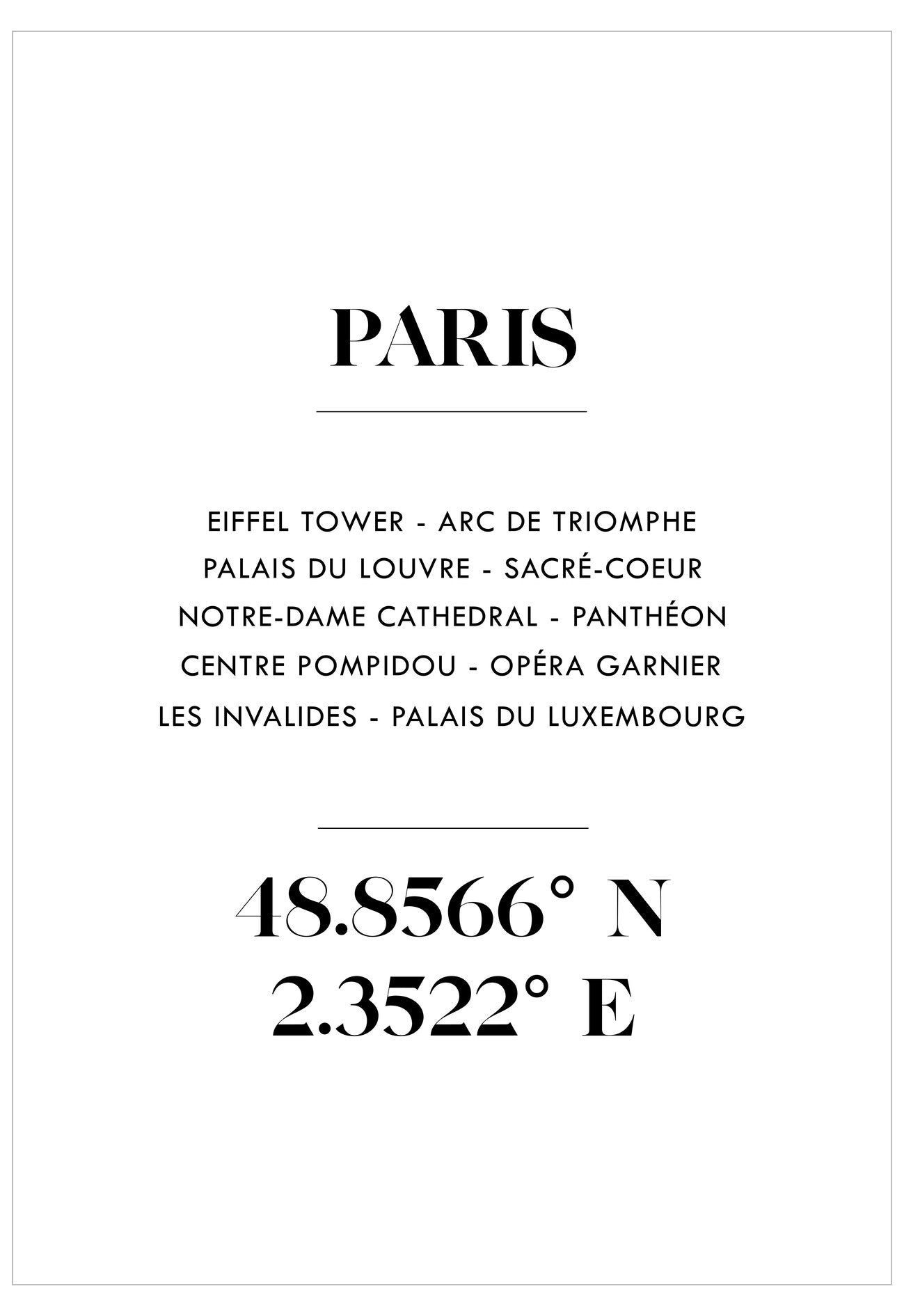 Black text on a white background listing famous landmarks and coordinates of Paris.
