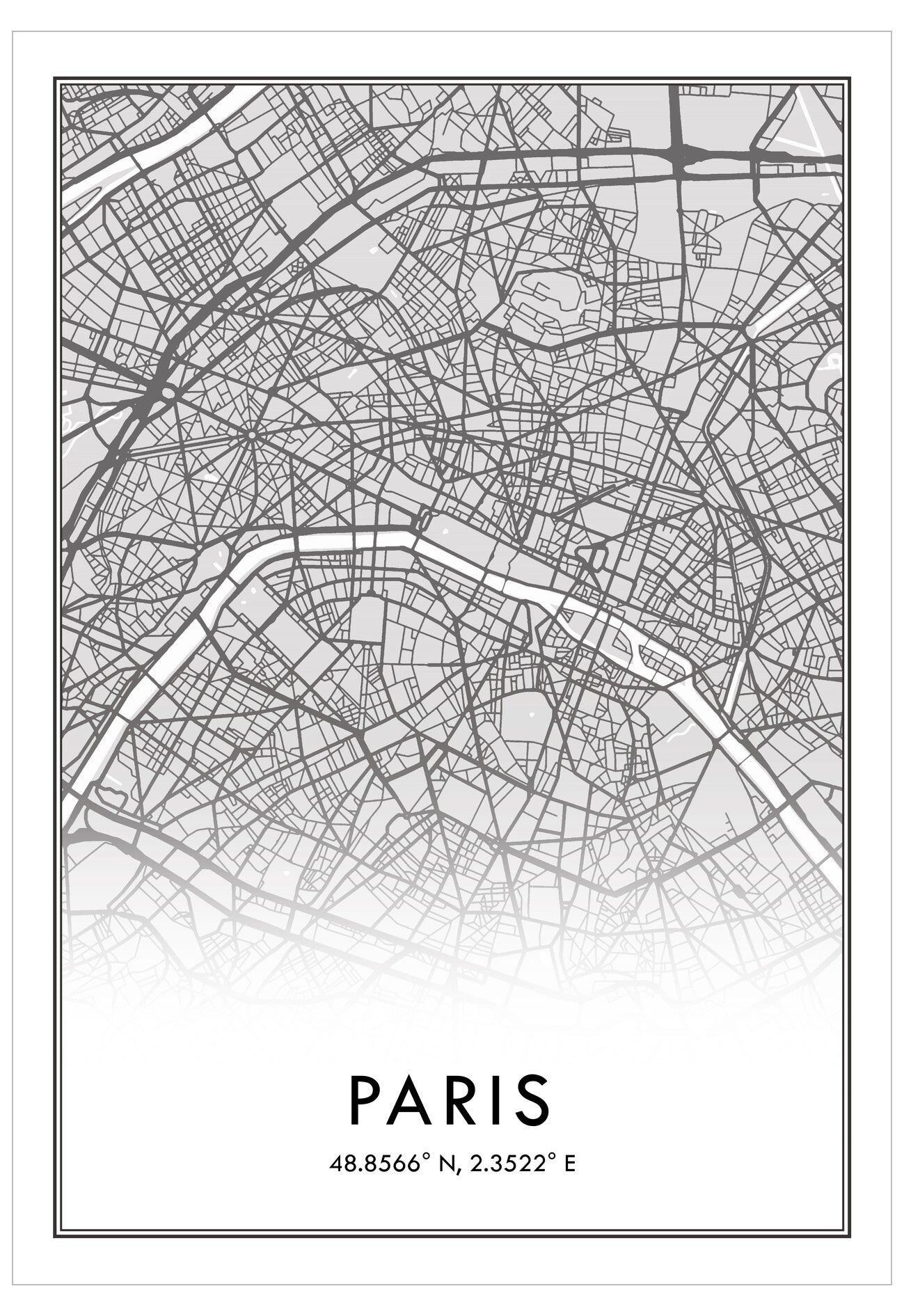 Black and white map of Paris with coordinates