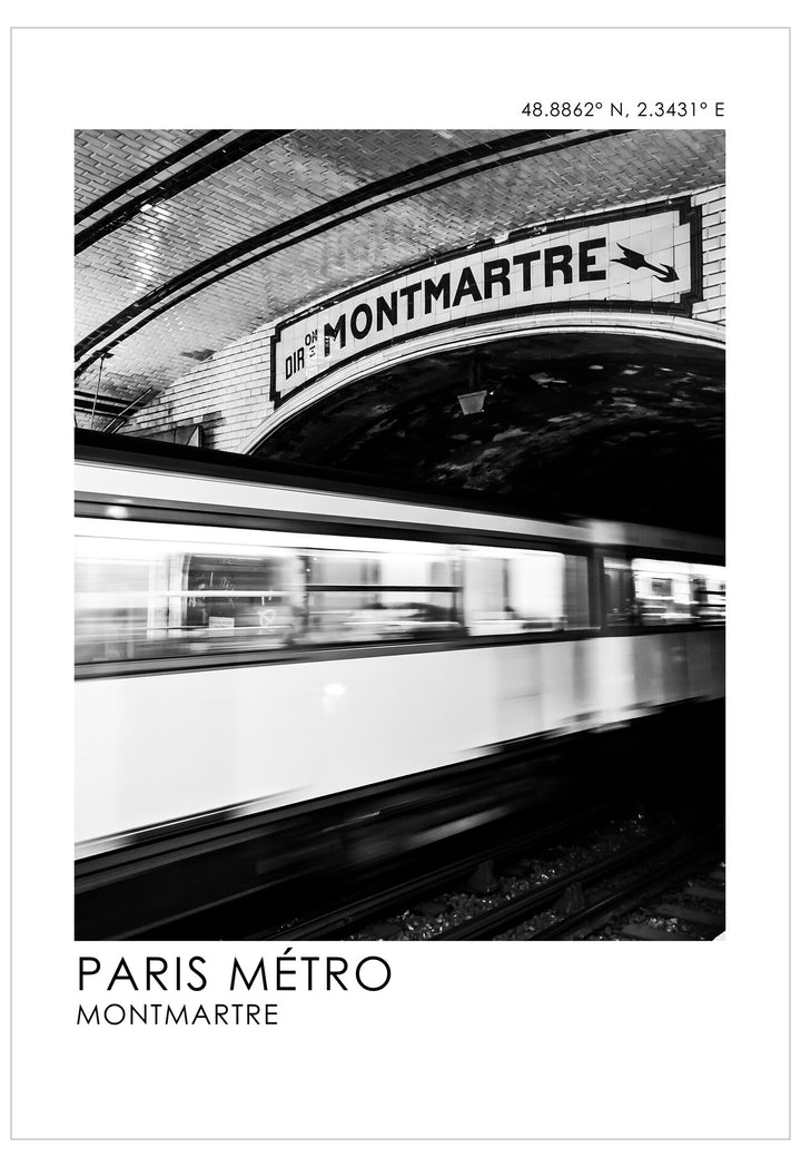 Black and white photo of a Paris Métro train at Montmartre station
