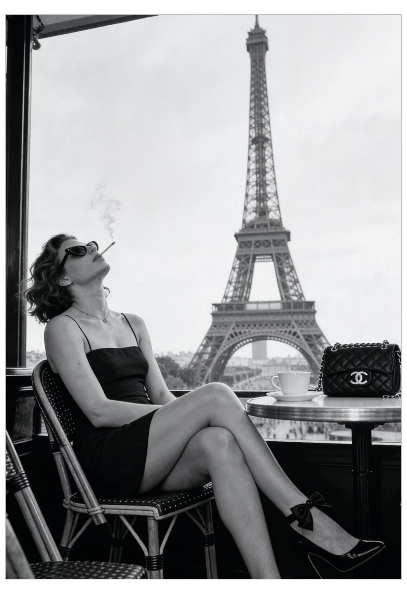 Woman in a black dress and a chanel bag sitting at a cafe table smoking with the Eiffel Tower in the background