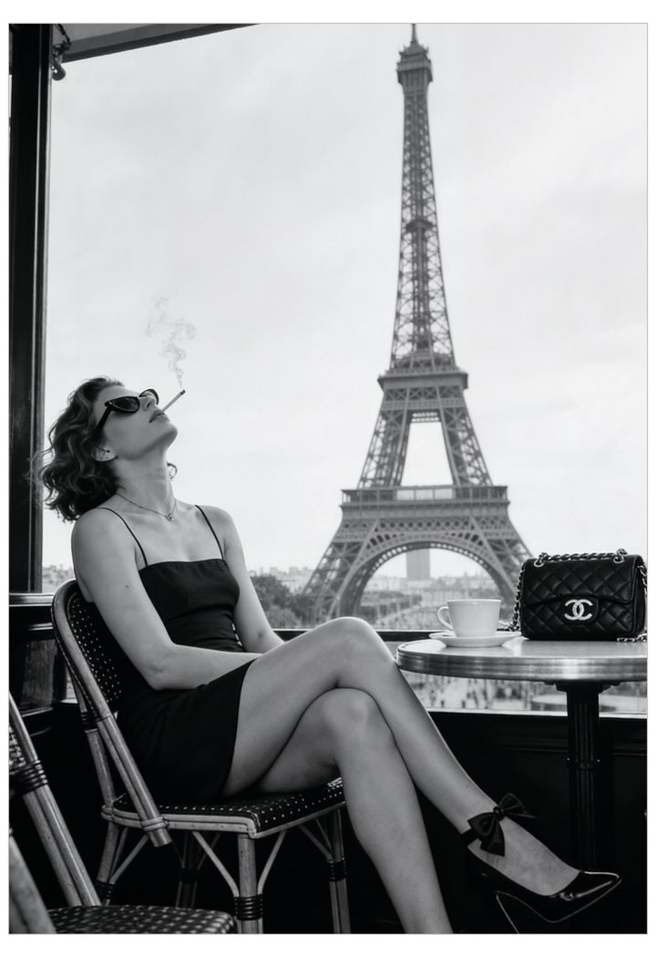 Woman in a black dress and a chanel bag sitting at a cafe table smoking with the Eiffel Tower in the background