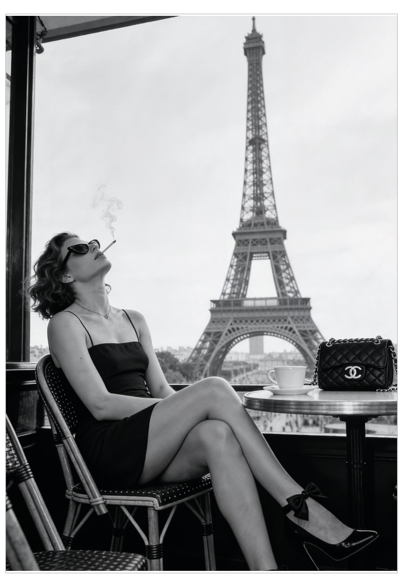 Woman sitting at a café table with the Eiffel Tower in the background