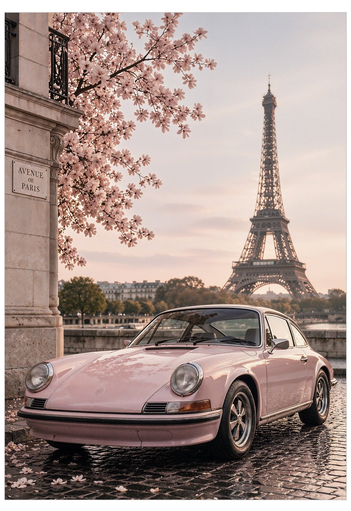 Paris in Pink Poster featuring a blush pink classic car beneath spring blossom with the Eiffel Tower in the background on a Parisian street.