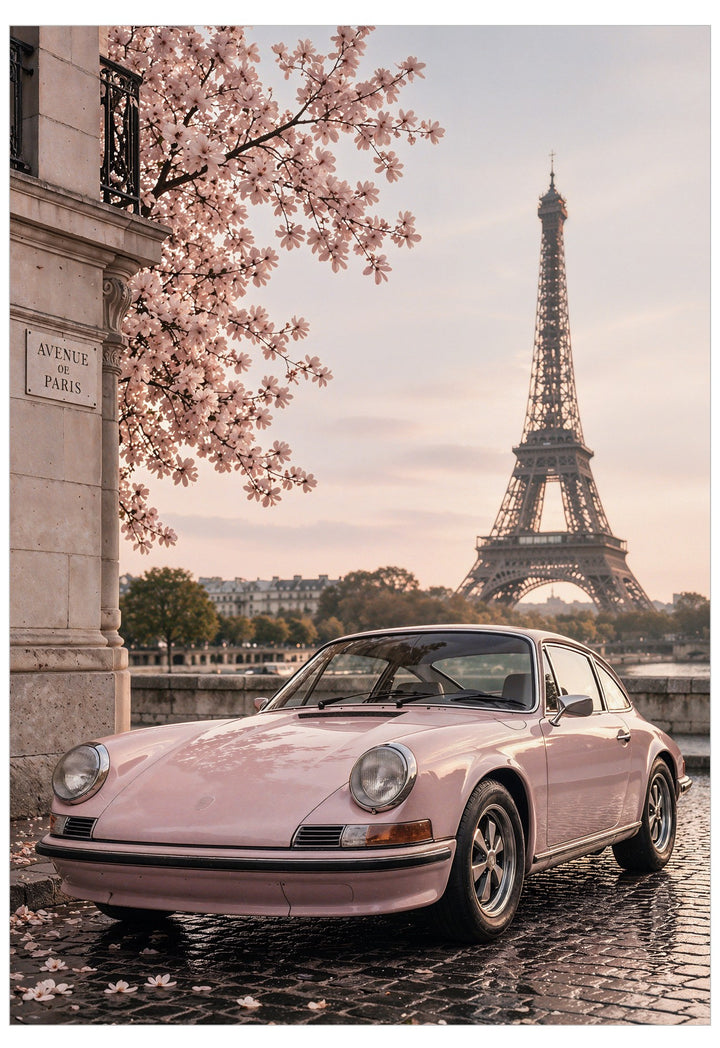 Paris in Pink Poster featuring a blush pink classic car beneath spring blossom with the Eiffel Tower in the background on a Parisian street.