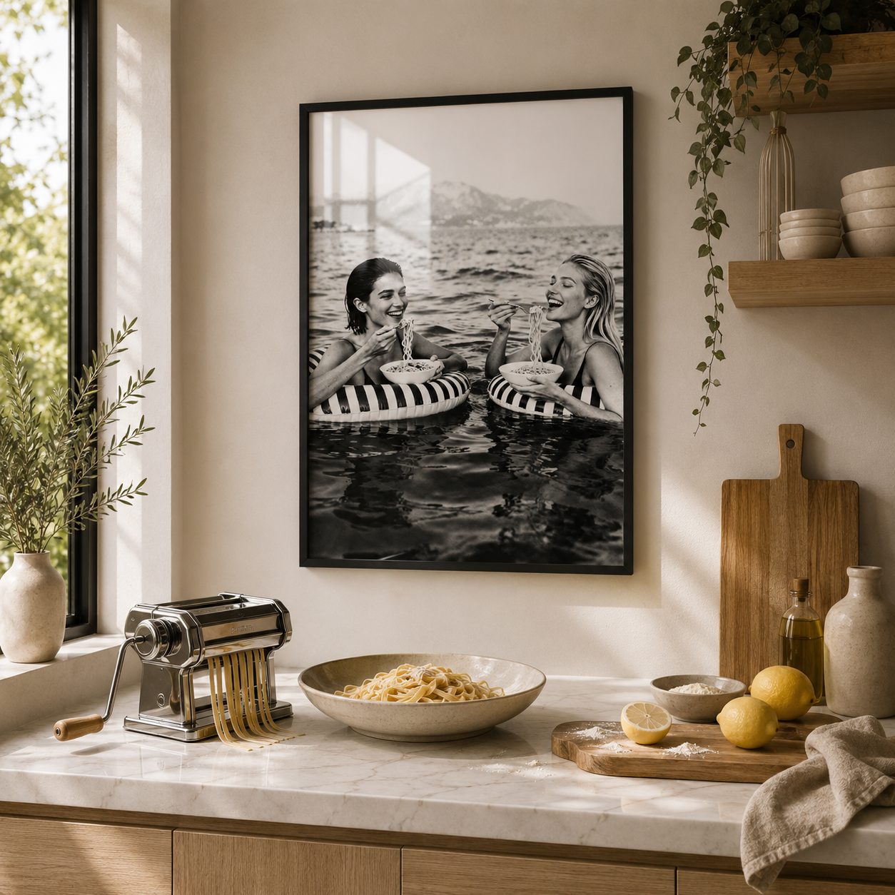 Black and white poster of women eating pasta in trendy kitchen