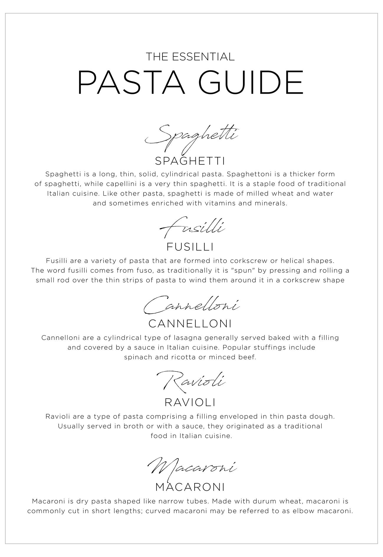 Pasta guide with definitions of various pasta shapes on a white background